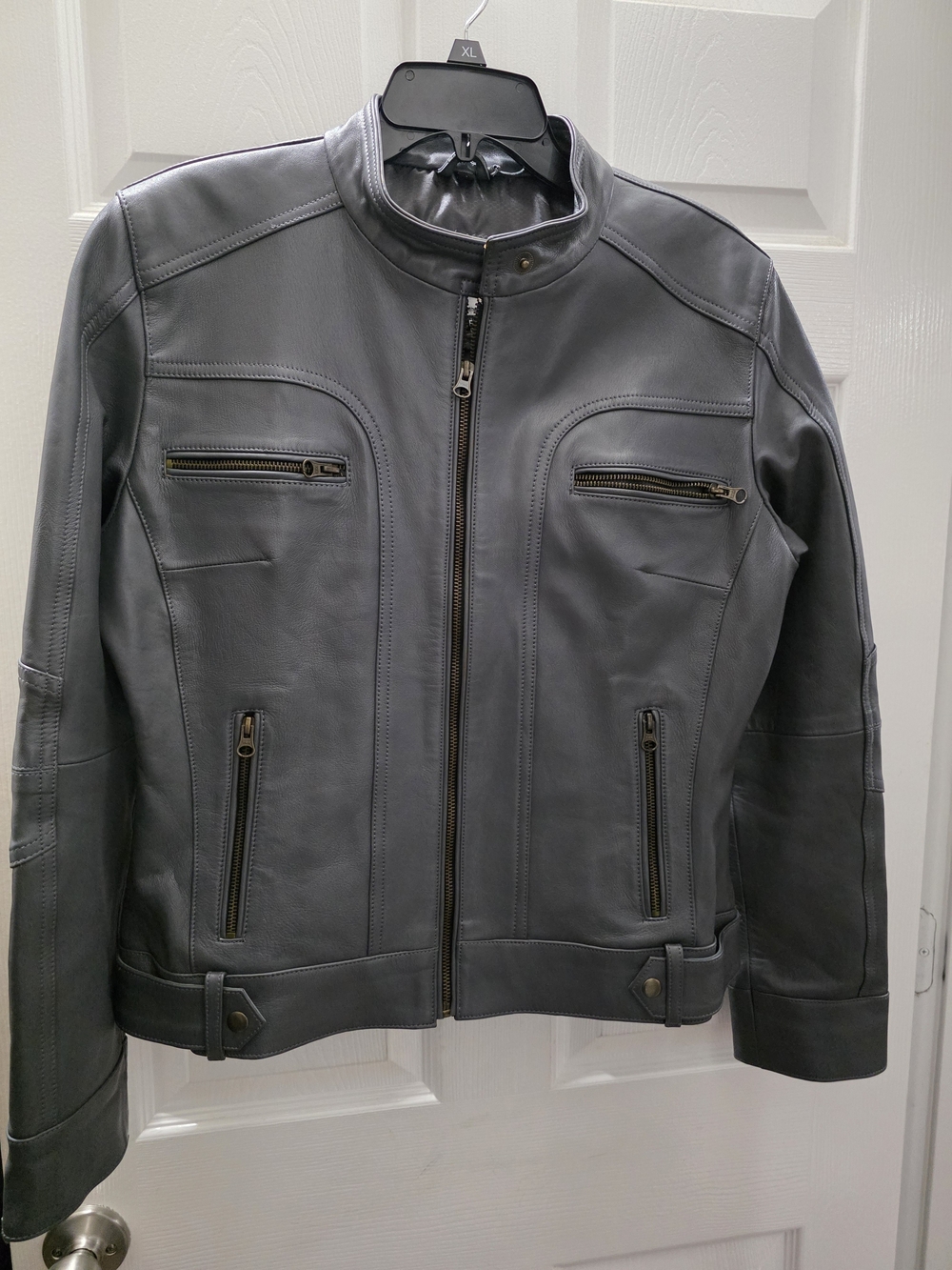 Koza Leathers Gray Genuine Leather Cafe Racer Moto Jacket Women’s XXL Slim Fit